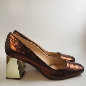 Zara Copper Gold Crackled Leather Block Heel Pump
